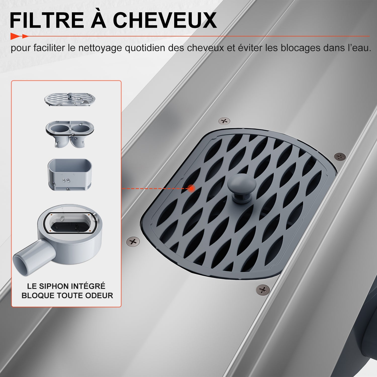 SIRHONA Caniveau de Douche 360° à l'Italienne, Siphon de Double Face Hauteur Réglable avec Filtre à Cheuveux, Canal de douche 70cm - 3