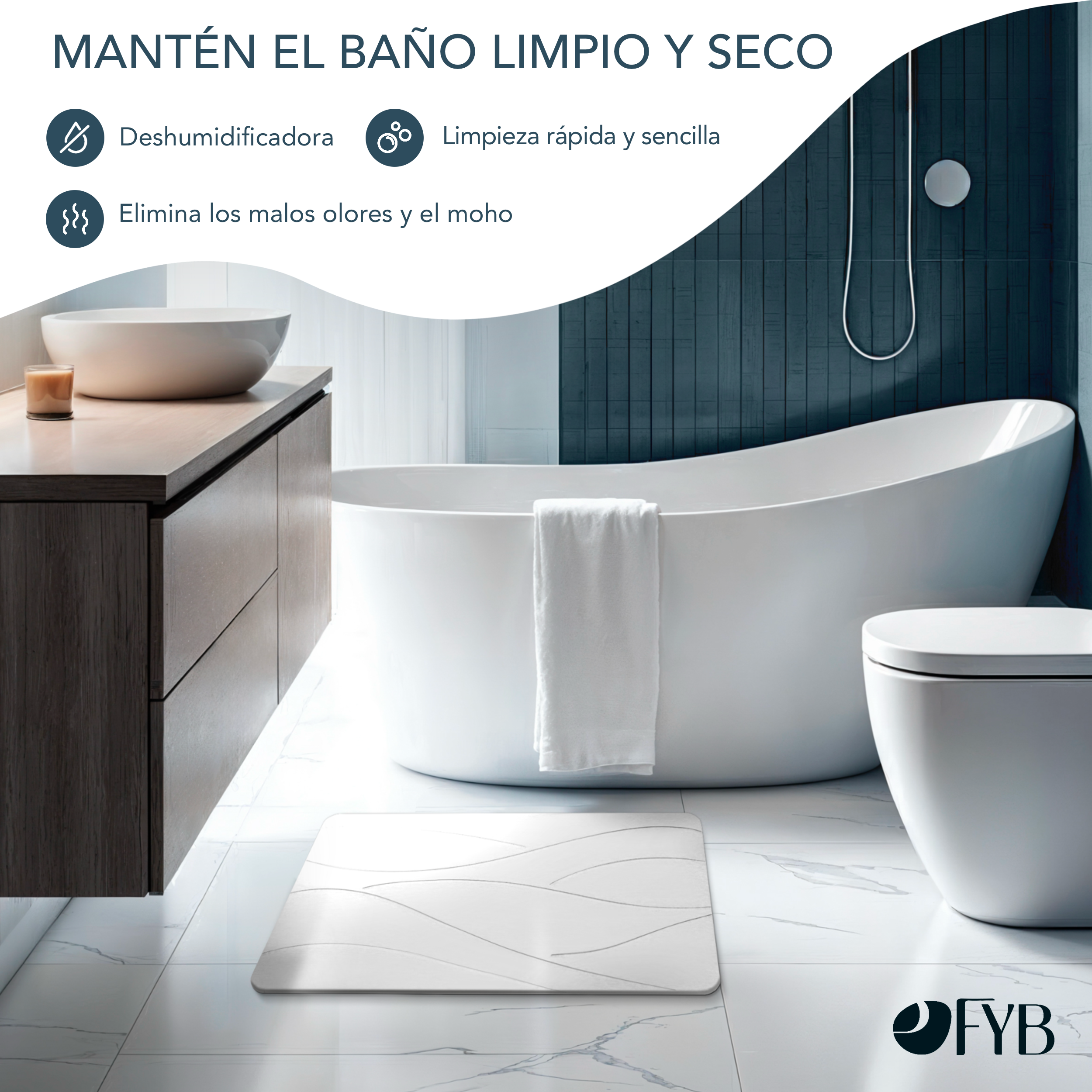 Alfombrilla de Diatomita para Baño Blanca 60x40 – Secado Rápido, Antideslizante y Antibacteriana – Piedra Diatomita - 2