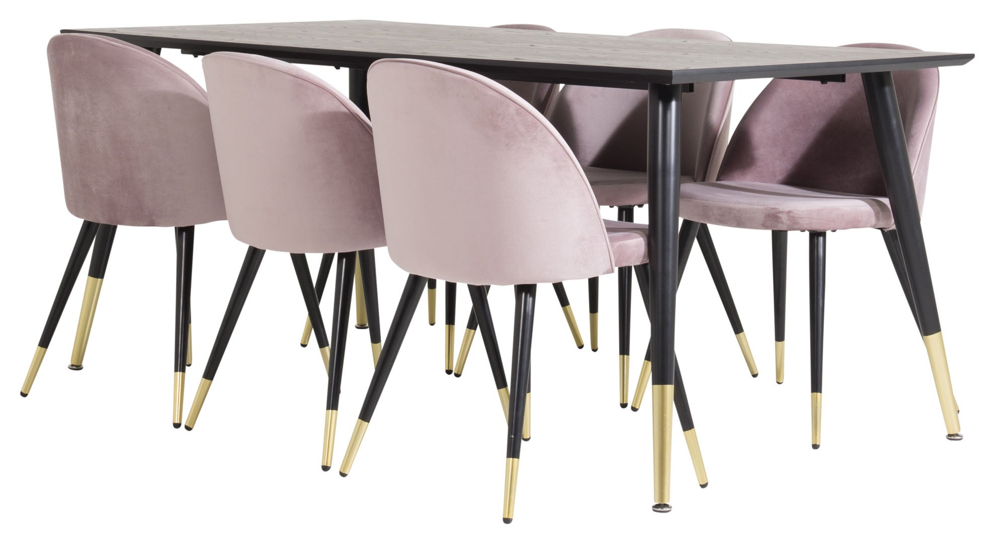 Dipp180x90BLBR zestaw do jadalni stół do jadalni czarny oraz 6 Velvet krzesło stołowe welur różowy, czarny, mosiądz dekor.