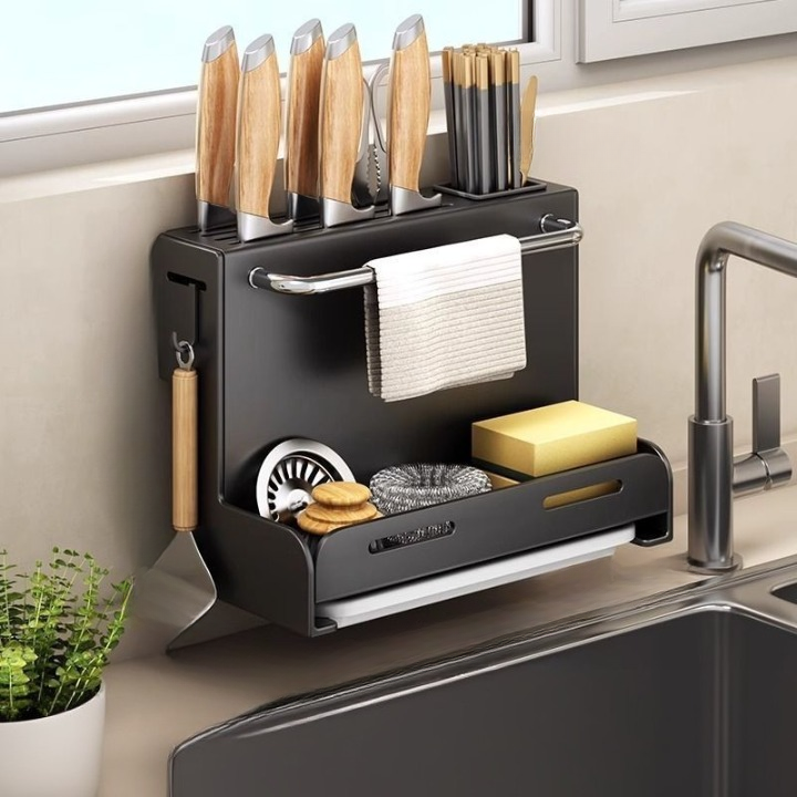 Stojak na noże kuchenne, uchwyt do przechowywania noży i pałeczek, bez wiercenia, montowany na ścianie, z tacką ociekową – 28,7 × 21 × 15 cm – czarny