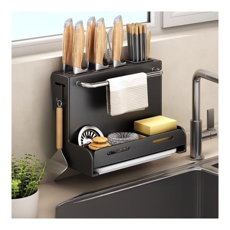 Stojak na noże kuchenne, uchwyt do przechowywania noży i pałeczek, bez wiercenia, montowany na ścianie, z tacką ociekową – 28,7 × 21 × 15 cm – czarny
