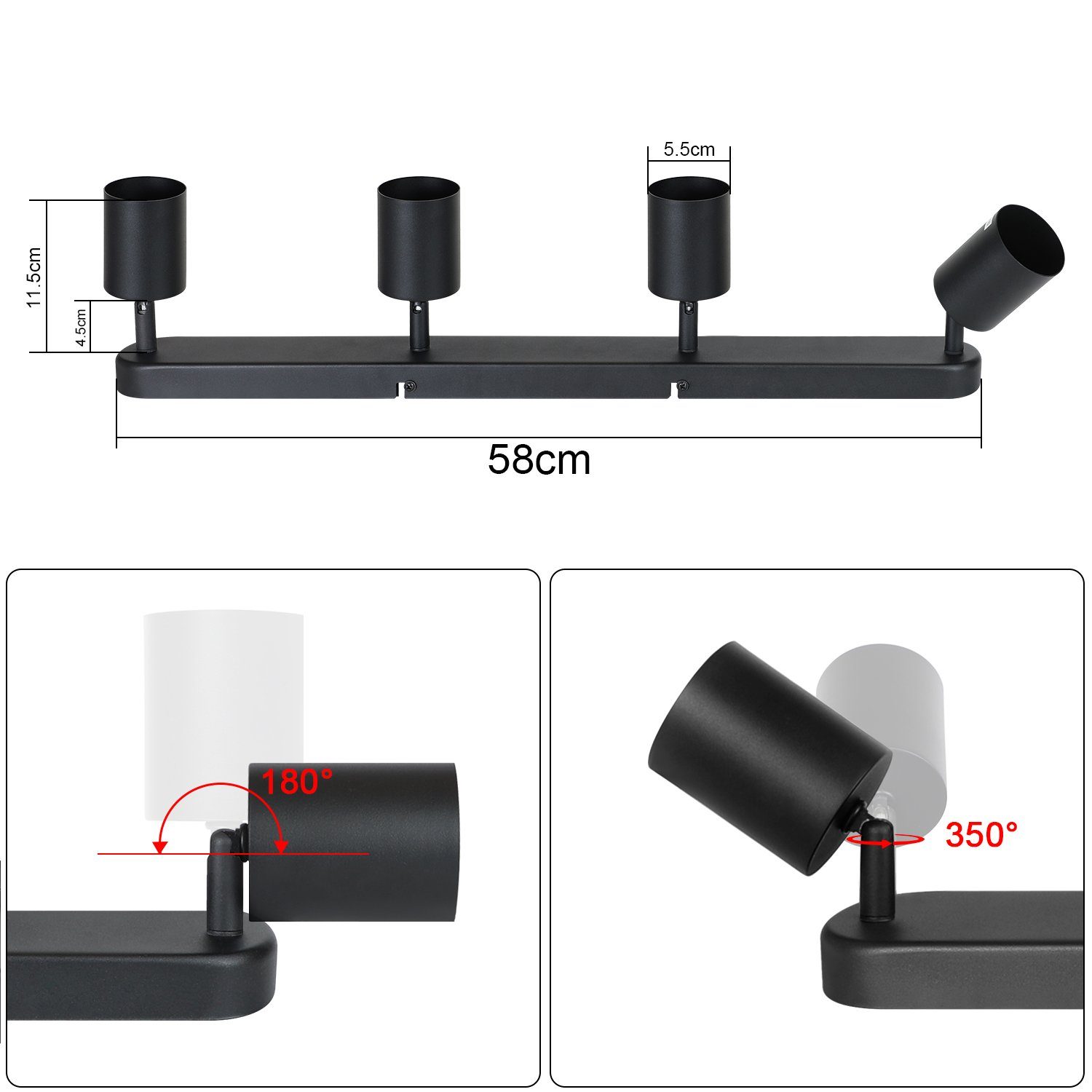 NETTLIFE 4 Focos GU10 Max.25w Luz de Techo LED Negra Foco para Sala de Estar Ajustable 350° para Dormitorio Cocina Mesa de - 6