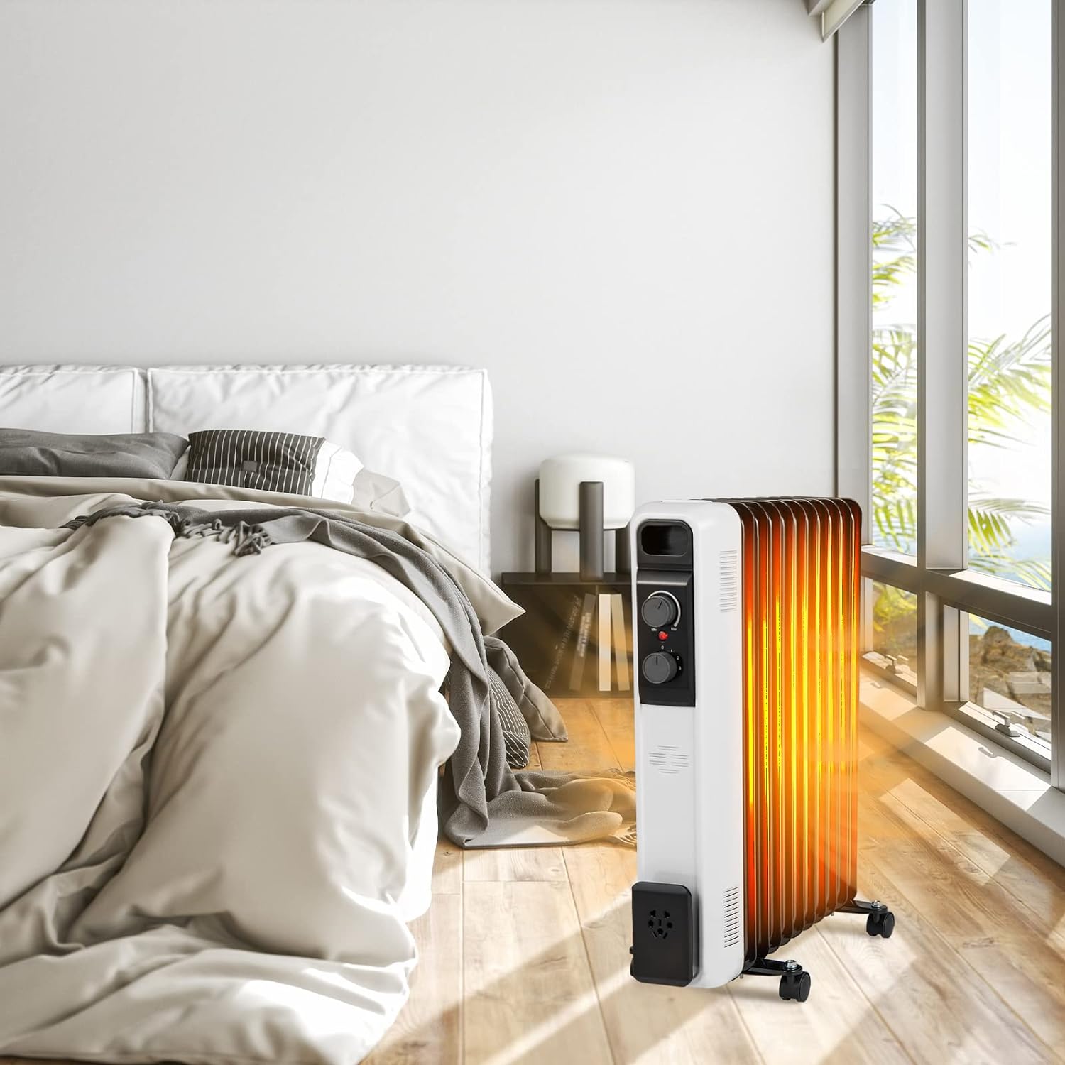 GYMAX Radiatore Olio 1500W Portatile Con Termostato - Riscaldatore Elettrico 7 Elementi, Silenzioso Con Ruote, Protezione Antiribaltamento - Nero 40x26,5x68,5 Cm