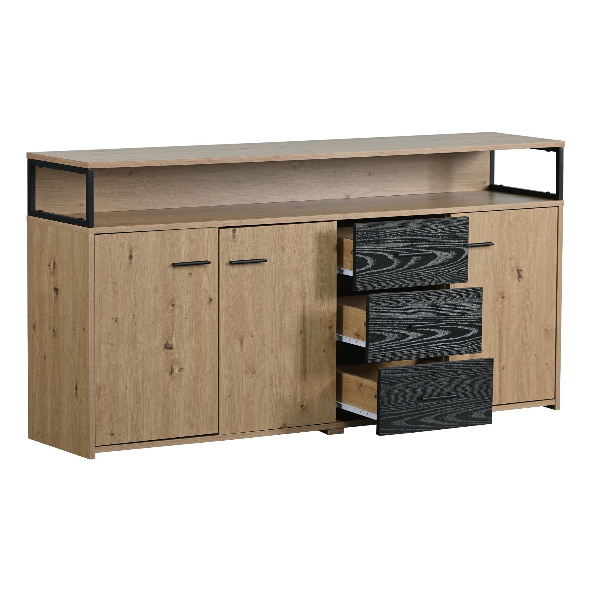 Credenza bassa - 3 ante e 3 cassetti - stile industriale - Naturale e Nero - 6