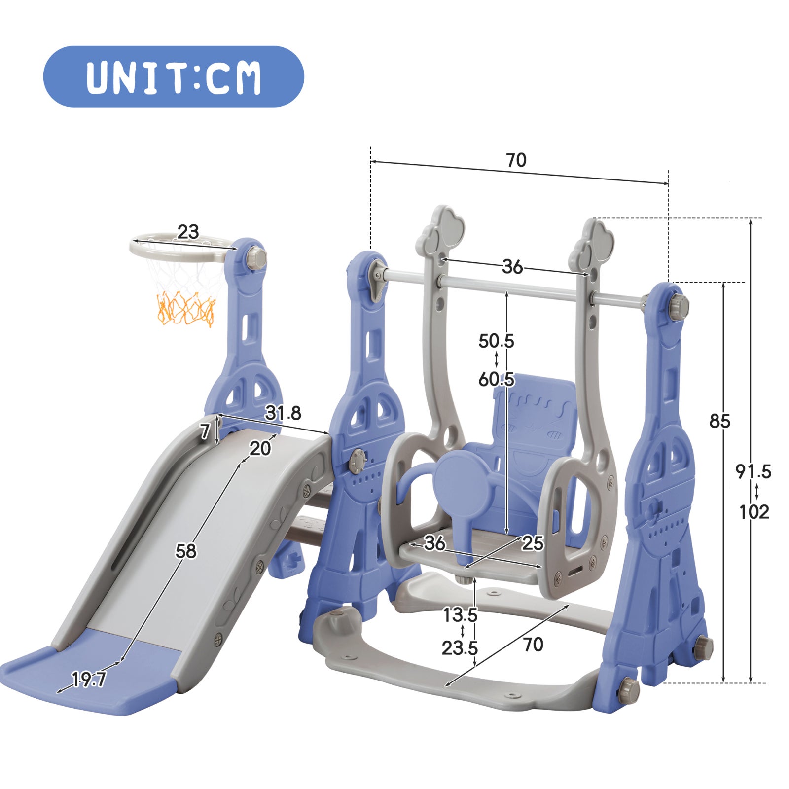 Toboggan Enfant 4 en 1 Toboggan Bebe avec Balançoire et Panier de Basket pour Les Enfants de 1 à 6 Ans, Aire de Jeux Intérieure et Extérieure, Bleu - 2