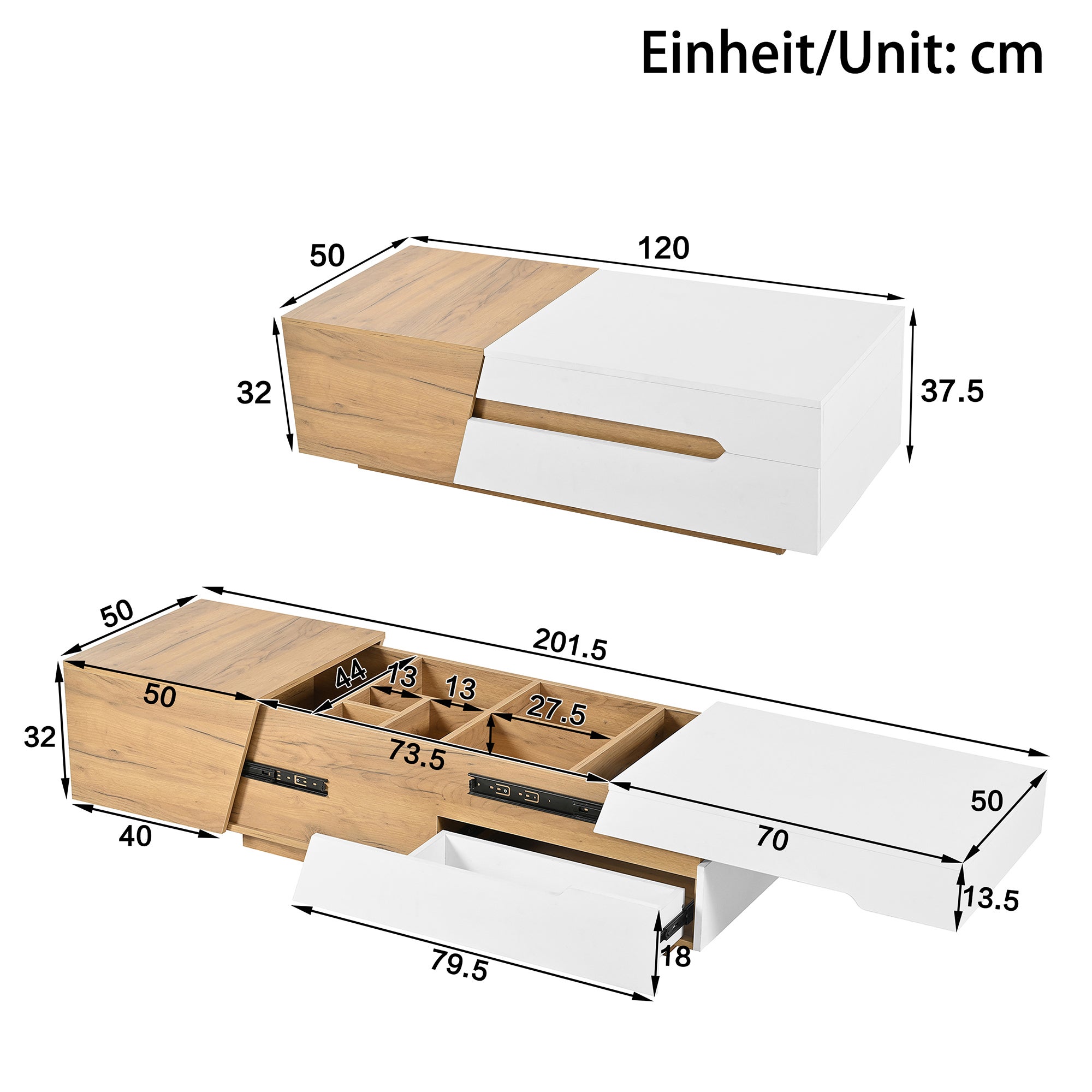 Tavolino rettangolare allungabile 120/201,5x50x37,5 cm con 2 cassetti, vano nascosto, in MDF, rovere e bianco - 4