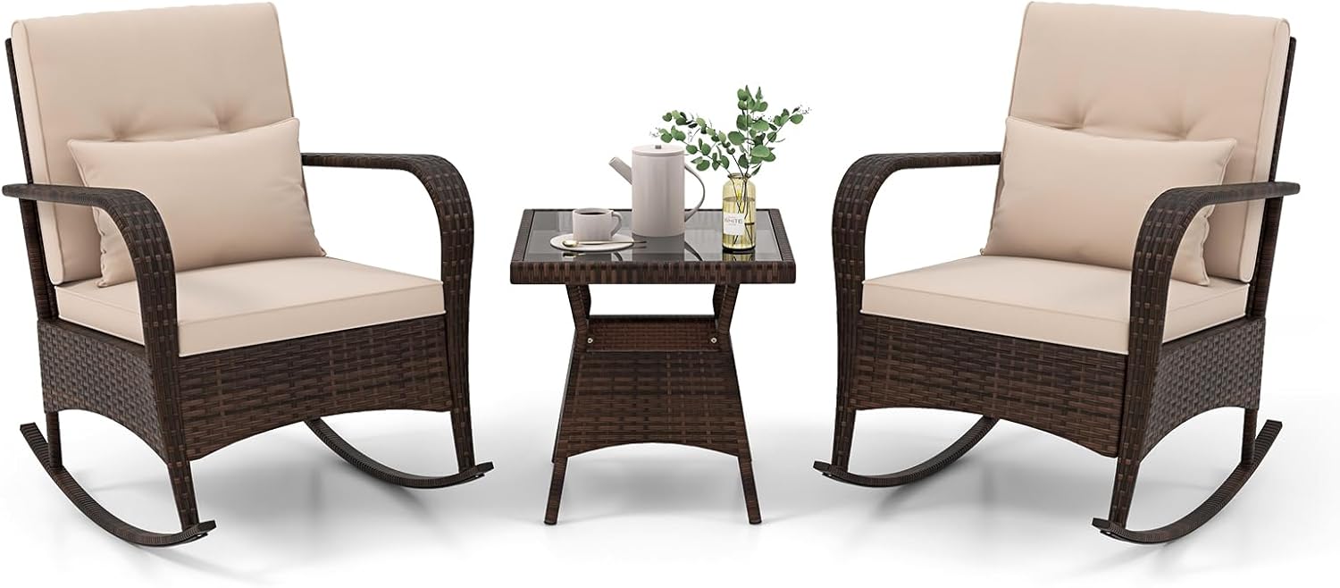 Set de terasă din ratan, 3 piese, mobilier de terasă cu 2 balansoare, măsuță de cafea din sticlă securizată, perne și perne de protecție