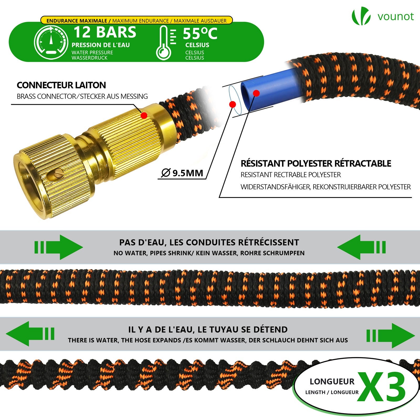 Tuyau d'arrosage extensible renforcé 30m orange - 10 modes - raccord et sac de rangement inclus - flexible, anti-fuite - VOUNOT® - 2