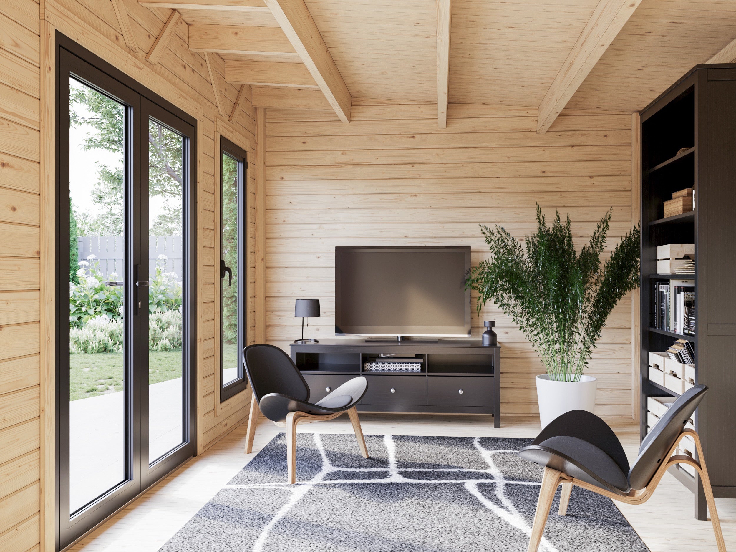 Studio de jardin en bois avec pergola Aurelia - PALMAKO - Ep.44 mm - 749x300 - 21,7 m² - Double vitrage trempé - 3