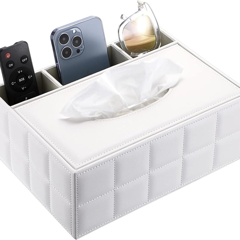 Prostokątne pudełko na chusteczki ze sztucznej skóry do przechowywania pilotów i artykułów piśmienniczych, białe