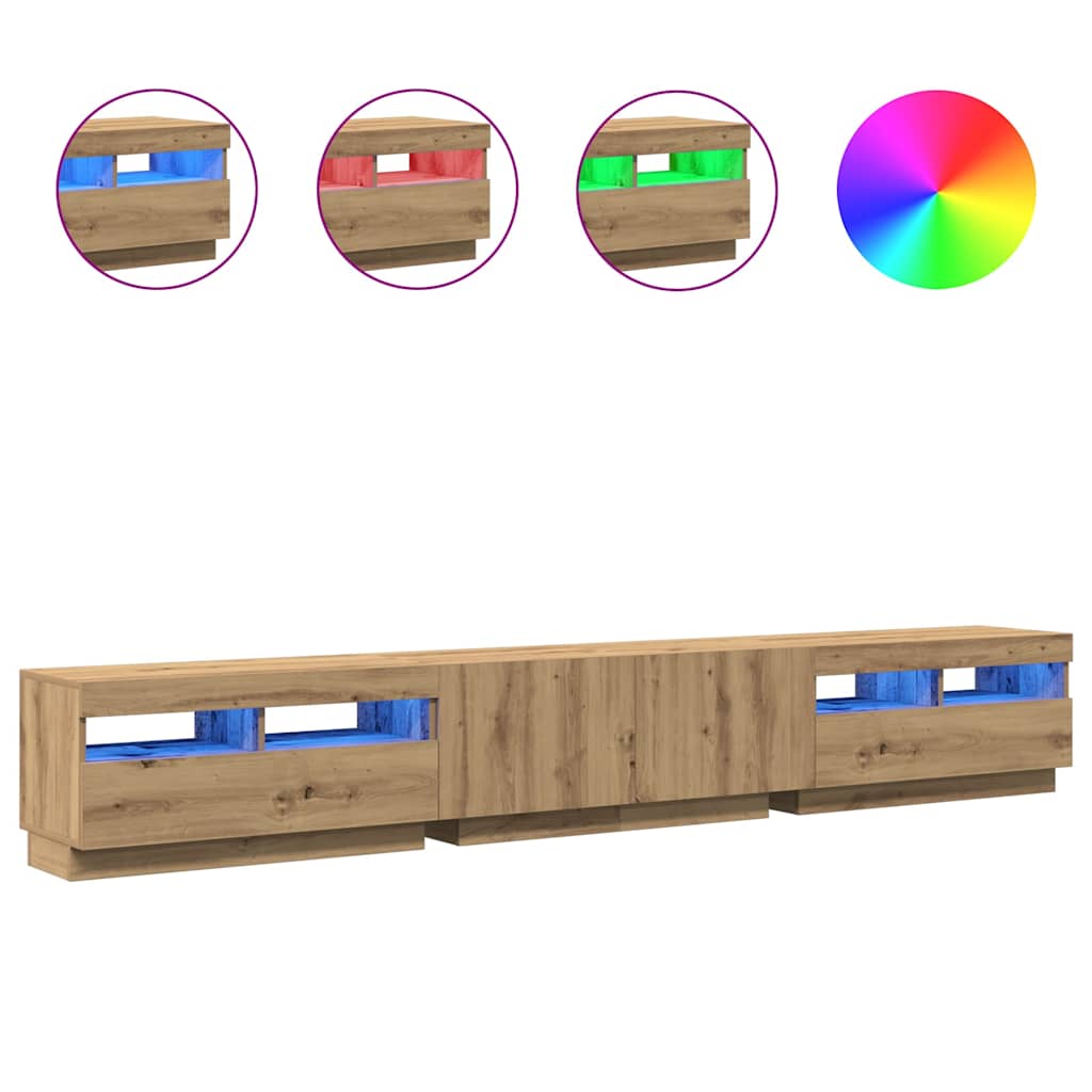Selsey Galhad Meuble TV Chêne Wotan – 175 Cm, 3 Compartiments Fermés, Niches, éclairage LED, Support 70”