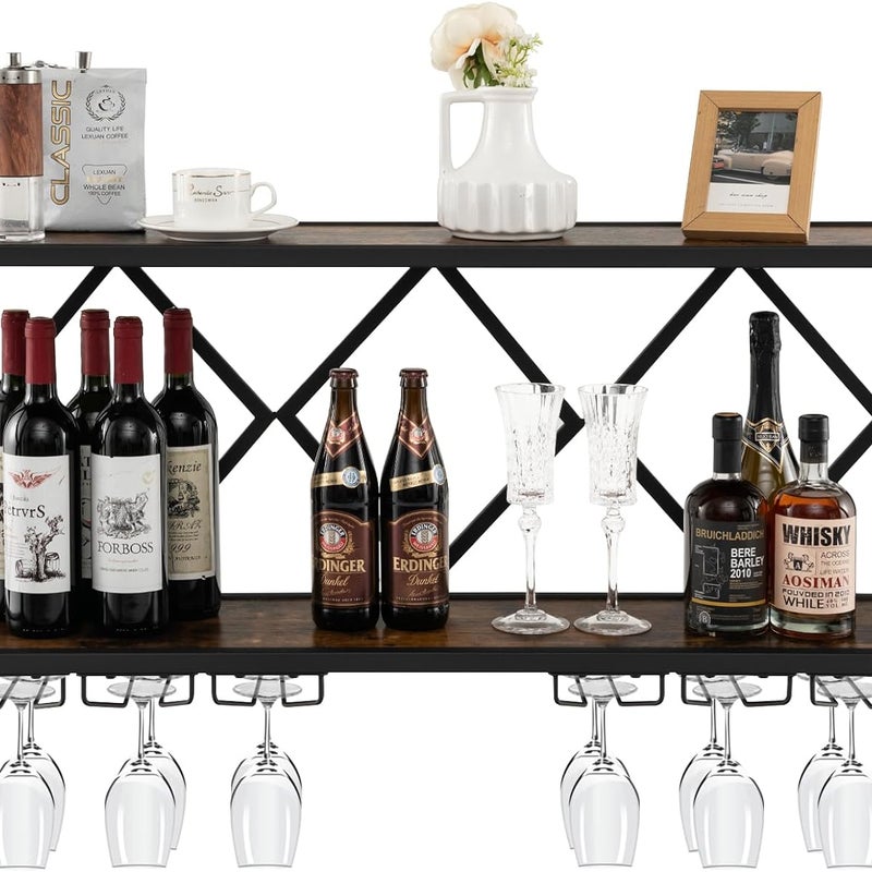 Regał ścienny na wino, 2 poziomy, regał na butelki, drewniany z metalową ramą, z 6 rzędami uchwytów na kieliszki do wina, wzornictwo przemysłowe