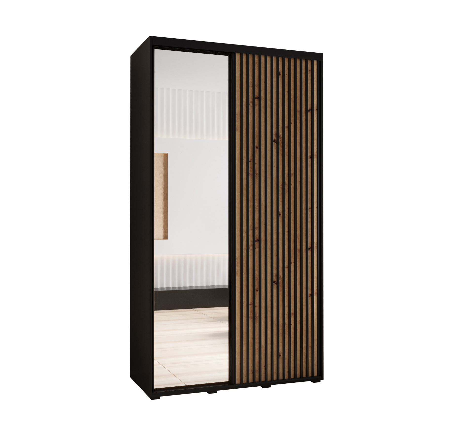 Szafa przesuwna z lustrem wysoka Lanko 2 130 x 60 x 235,2 cm czarny + artisan + lamele czarny - Abiks Meble