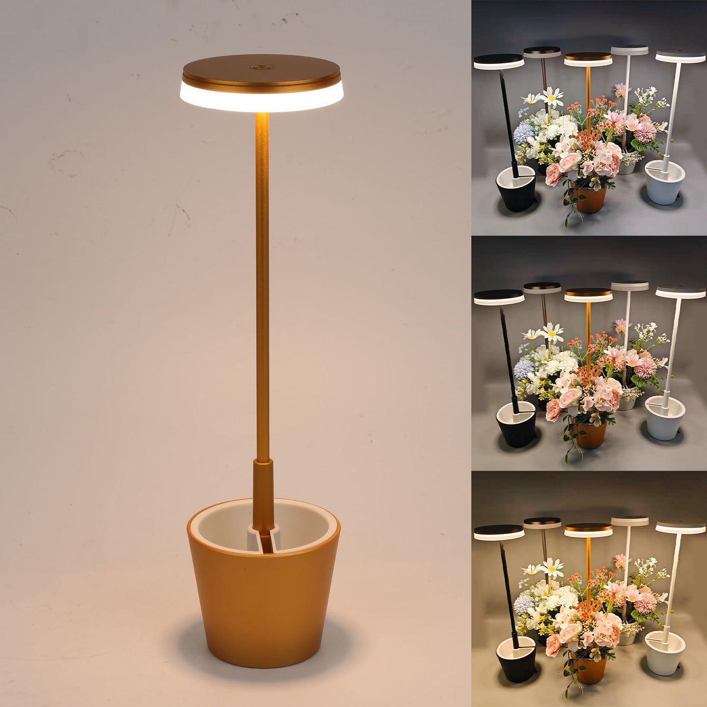 Bezprzewodowa lampa stołowa LED, lampka biurkowa z 3-stopniową regulacją jasności, dotykowa lampa dekoracyjna w kształcie doniczki (złota)
