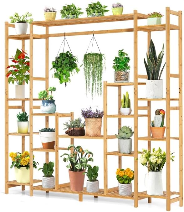 9 Niveaux Étagère à Fleurs en Bambou, Etagère à Plantes 167x30x166cm, Support pour Plantes avec Dispositif Anti-basculement