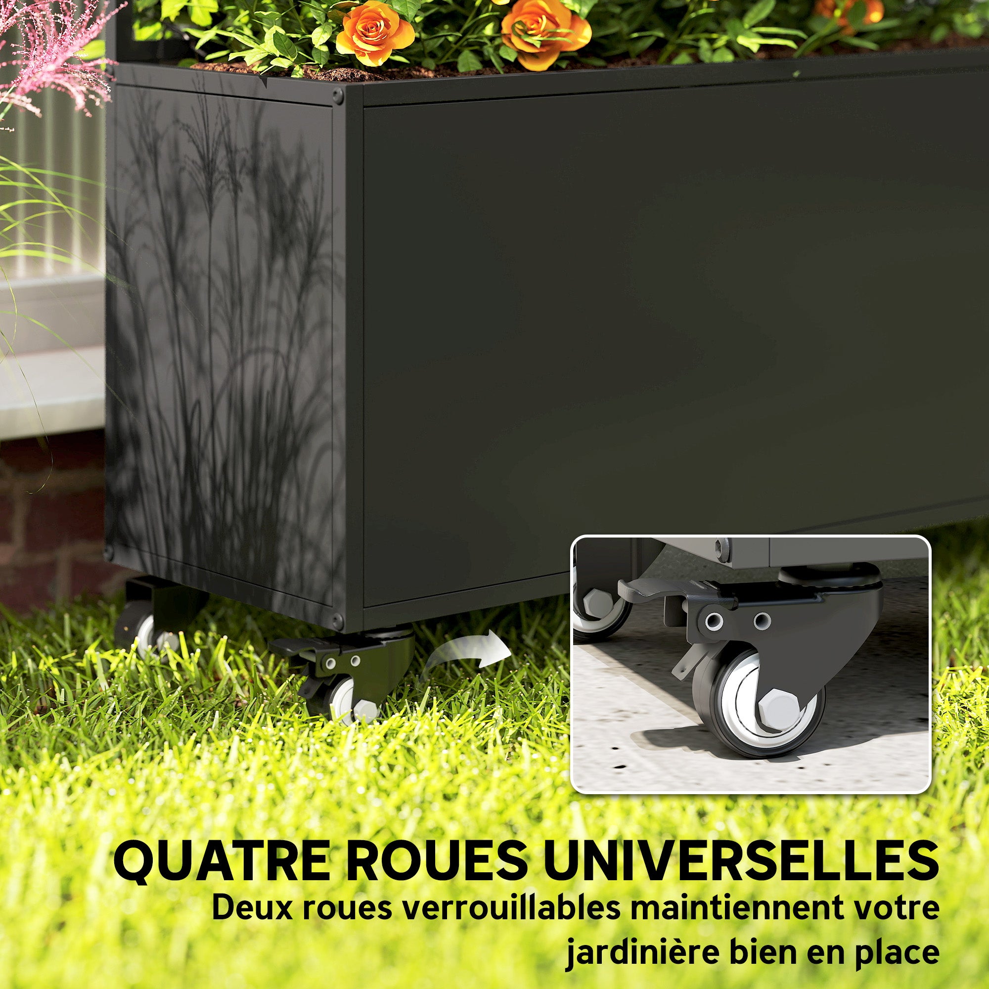 Jardinière avec treillis - Outsunny - avec brise-vue et roulettes verrouillables - pour plantes grimpantes - 90 x 30 x 160 cm, noir - 6