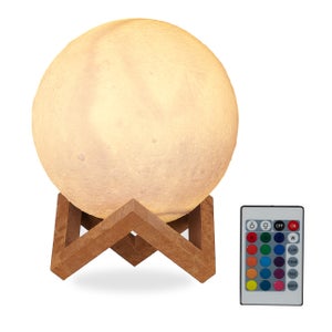 Relaxdays Lampada Luna 3D 15 Cm – 16 Colori, Regolabile, Sensore Touch E Telecomando, Ricaricabile USB, Luce Notturna Per Bambini