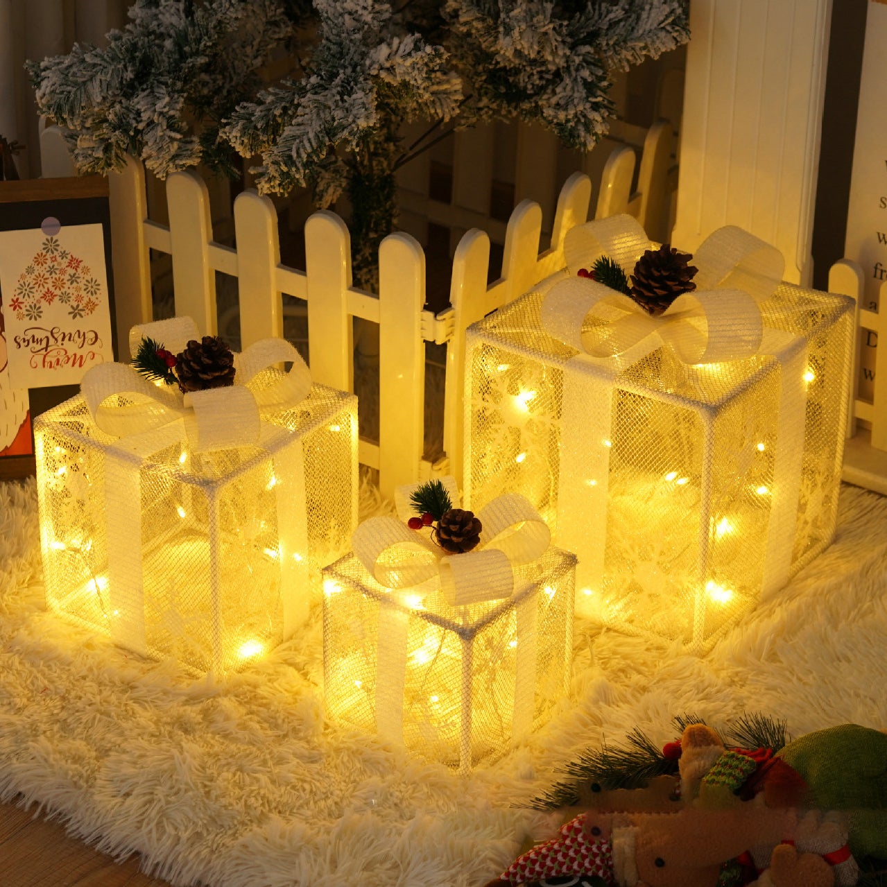 Juego de 3 cajas de regalo iluminadas para Navidad, cajas de regalo iluminadas con control remoto, decoraciones navideñas - 8