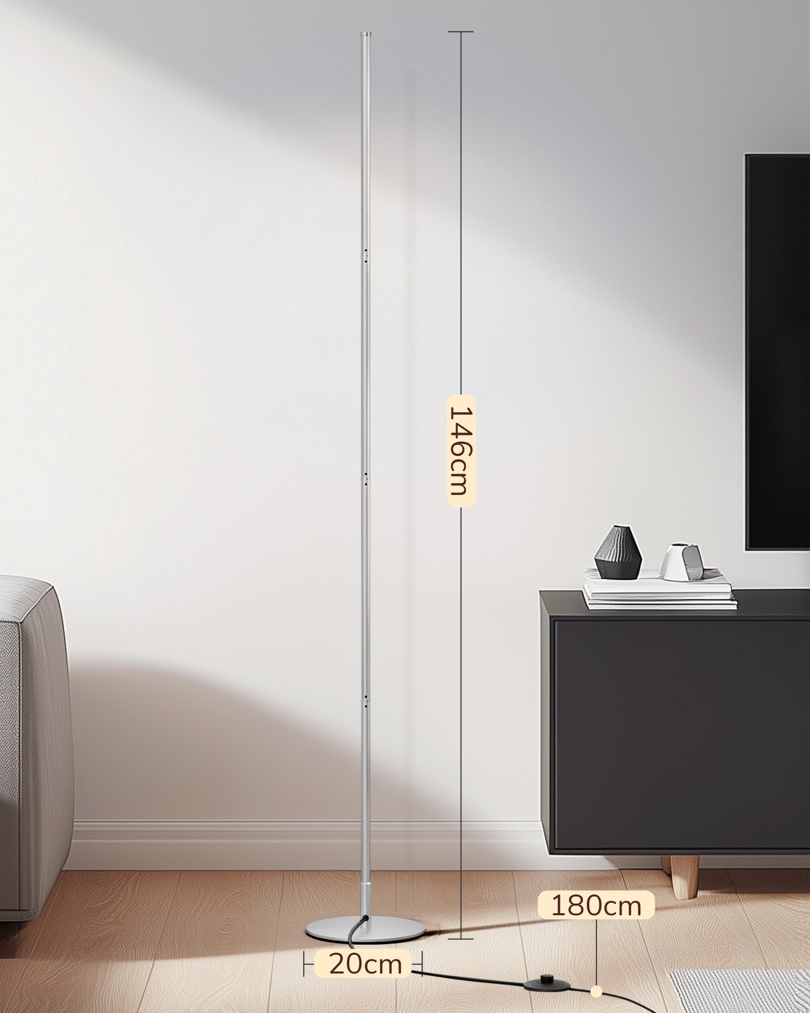 EDISHINE Lampadaire sur pied salon LED dimmable, 3000K blanc chaud, H146cm, interrupteur à pied, argenté, lampe d'ambiance moderne - 8