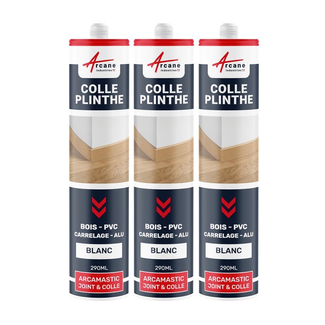 Mastic Colle Plinthes bois, carrelages, parquet, marches : ARCAMASTIC JOINT ET COLLE Blanc - 290 ml x 3 - ARCANE INDUSTRIES