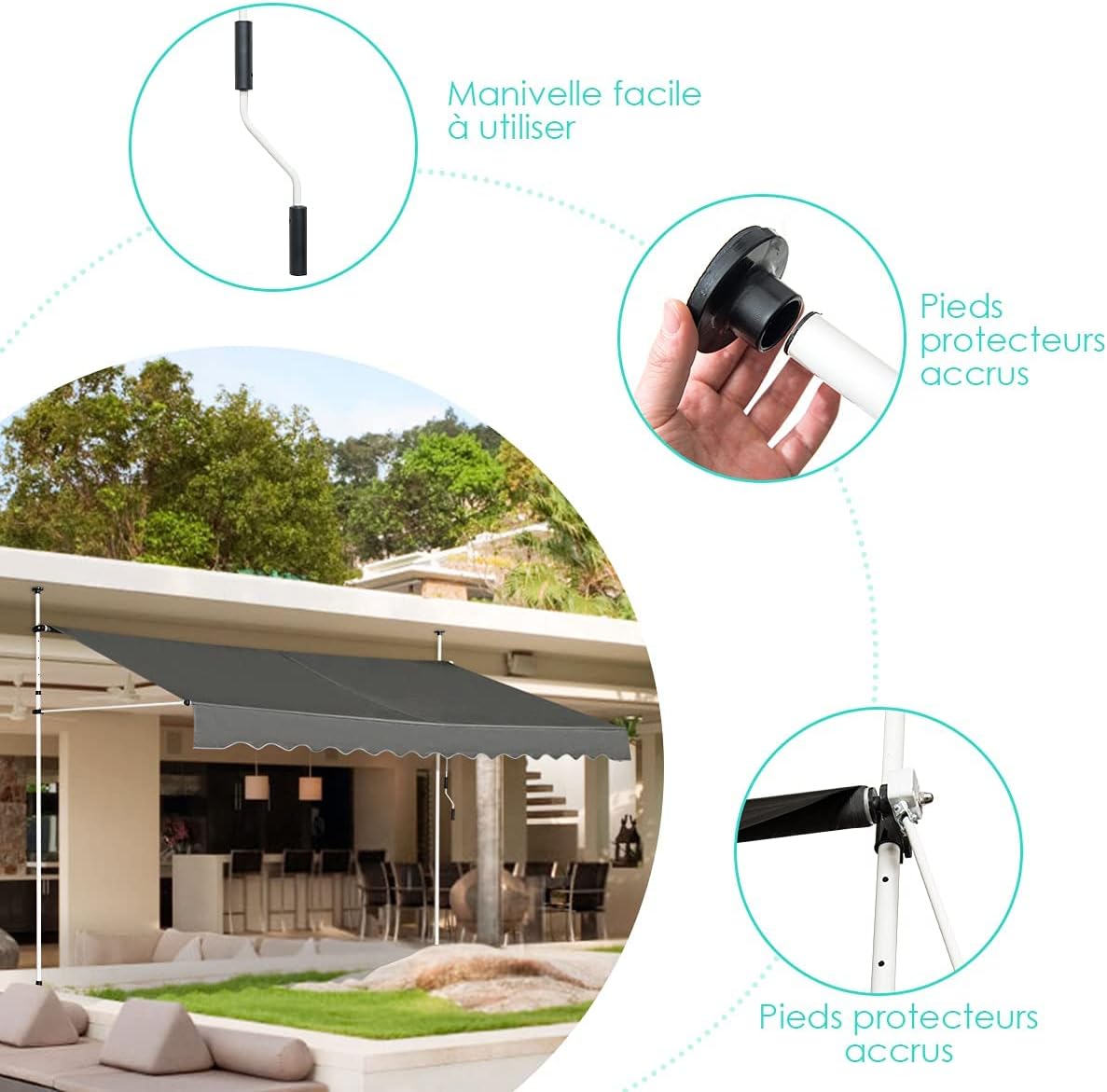 Store Banne Manuel Rétractable 4x1,2M en Aluminium-sans Perçage-Hauteur Réglable 2-3M-Auvent Banne de Balcon sur Pied,Gris - 9