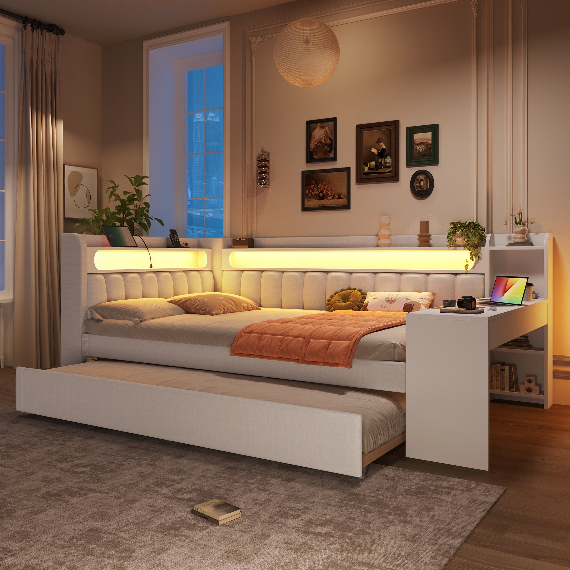 Tapicerowana sofa rozkładana 140x200 cm - z portami USB i LED - z wysuwanym łóżkiem i biurkiem - biała (materac nie jest wliczony w cenę) - 2