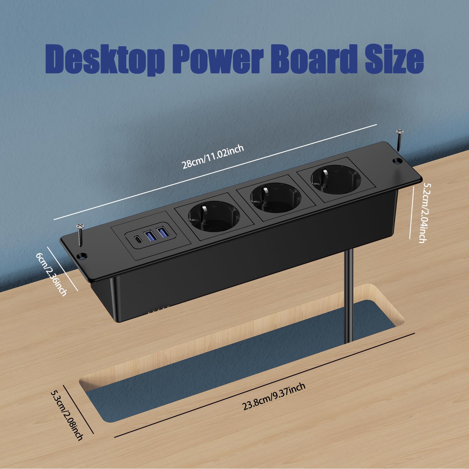 Prise encastrée de bureau avec USB-C | 3 prises secteur + 2 ports USB-A | Câble d'alimentation 2 m,Noir - 4