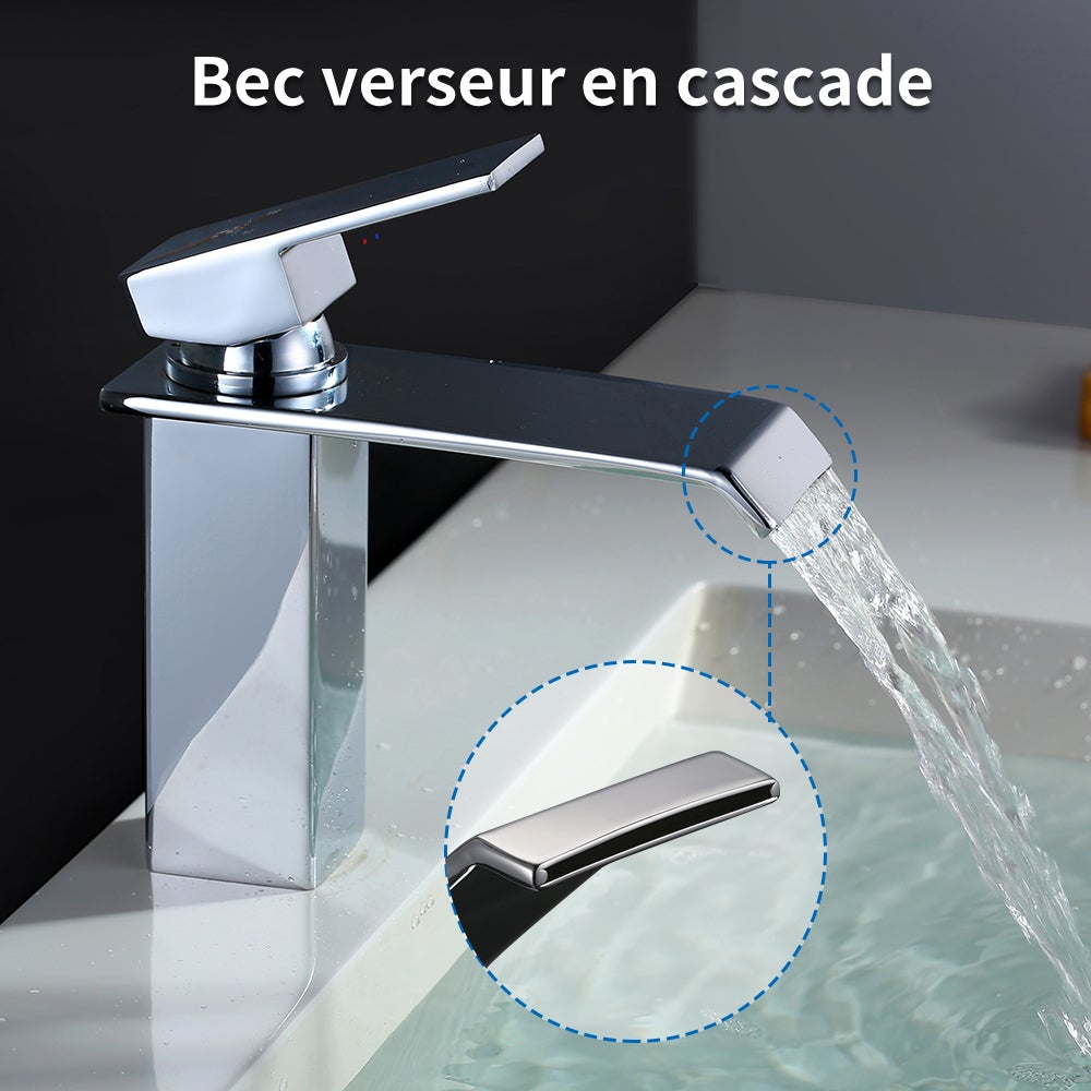 Robinet Salle de Bain Cascade Robinet de Lavabo en Laiton Mitigeur de Salle de Bain Chromé Forme Carré - 4