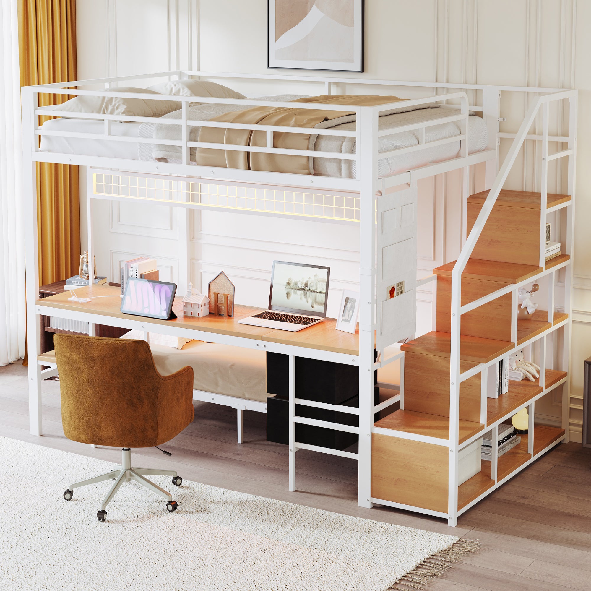 Wielofunkcyjne Metalowe Łóżko Piętrowe Białe z Biurkiem, LED, Gniazdkami - 140x200 i 90x200