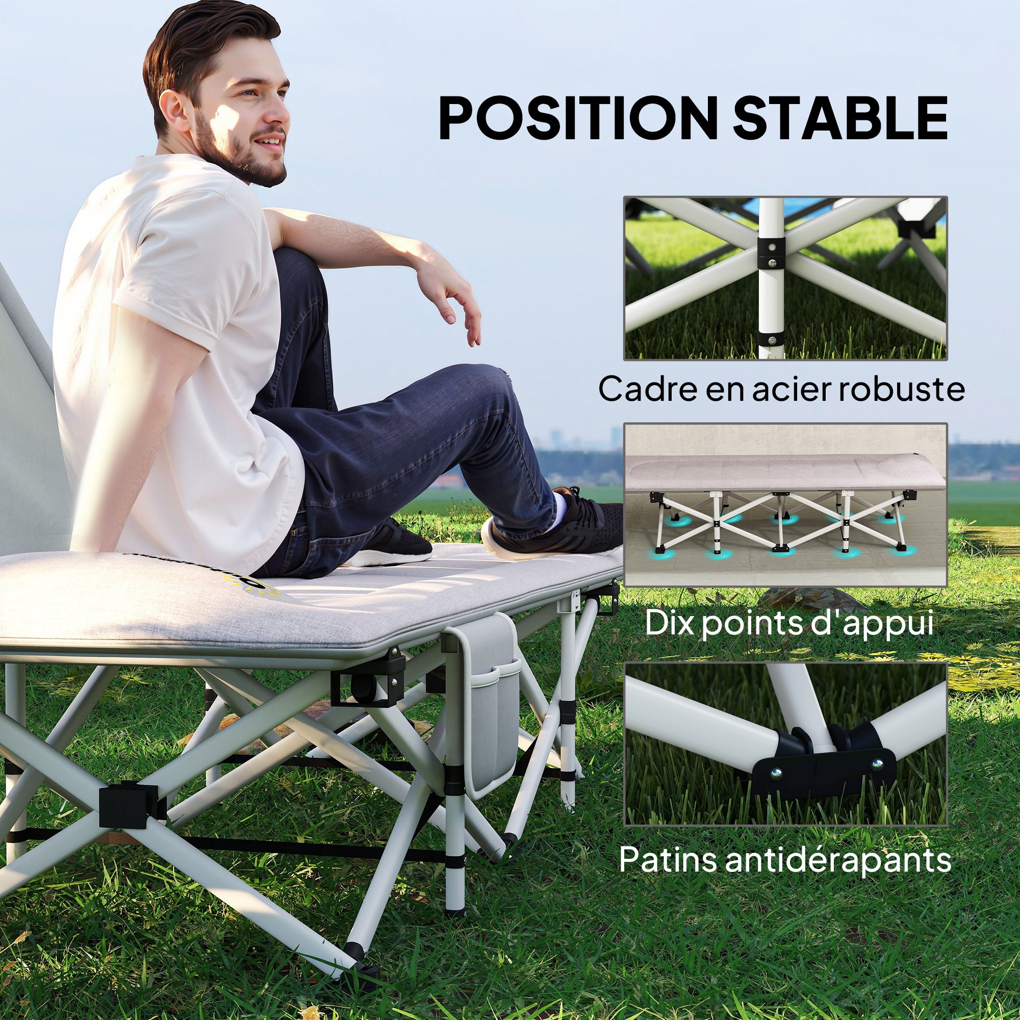Lit de camping Outsunny pliable avec matelas transat chaise longue sac de rangement intégrée dim. 185L x 65l x 37H cm gris - 7