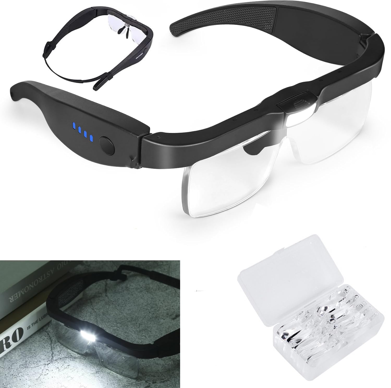 Lunette Loupe avec 2 Lumières LED, Interchangeable 5 Lentilles 1.0X à 3 Lunette Loupe avec 2 Lumières LED, Interchangeable 5 Lentilles 1.0X à 3