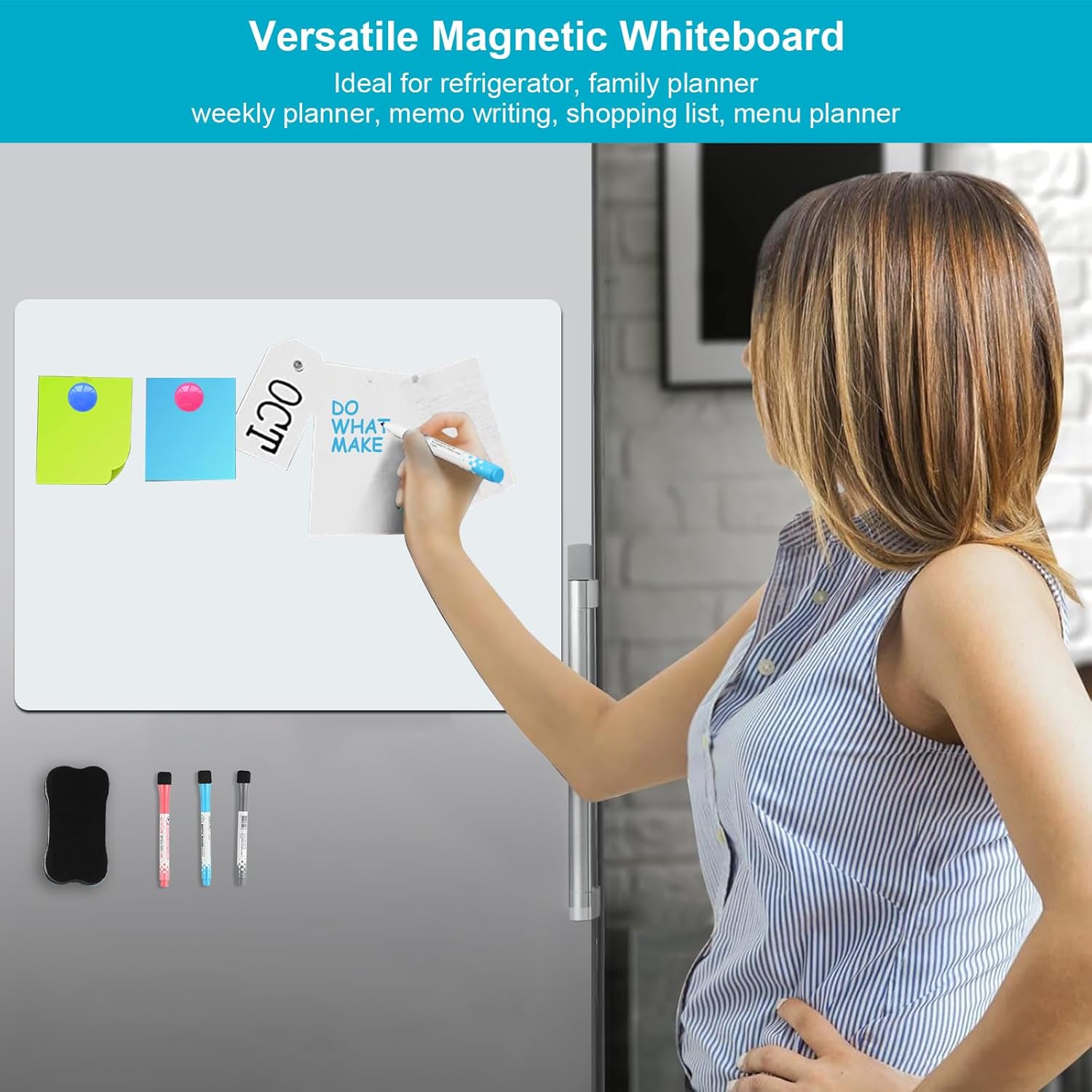 A3 Tableau Blanc Magnetique, tableau magnetique frigo, tableau blanc effacable magnetique, avec 3 Stylos, 1 Effaceur, 2 Aimants, Tableau Magnetique - 3