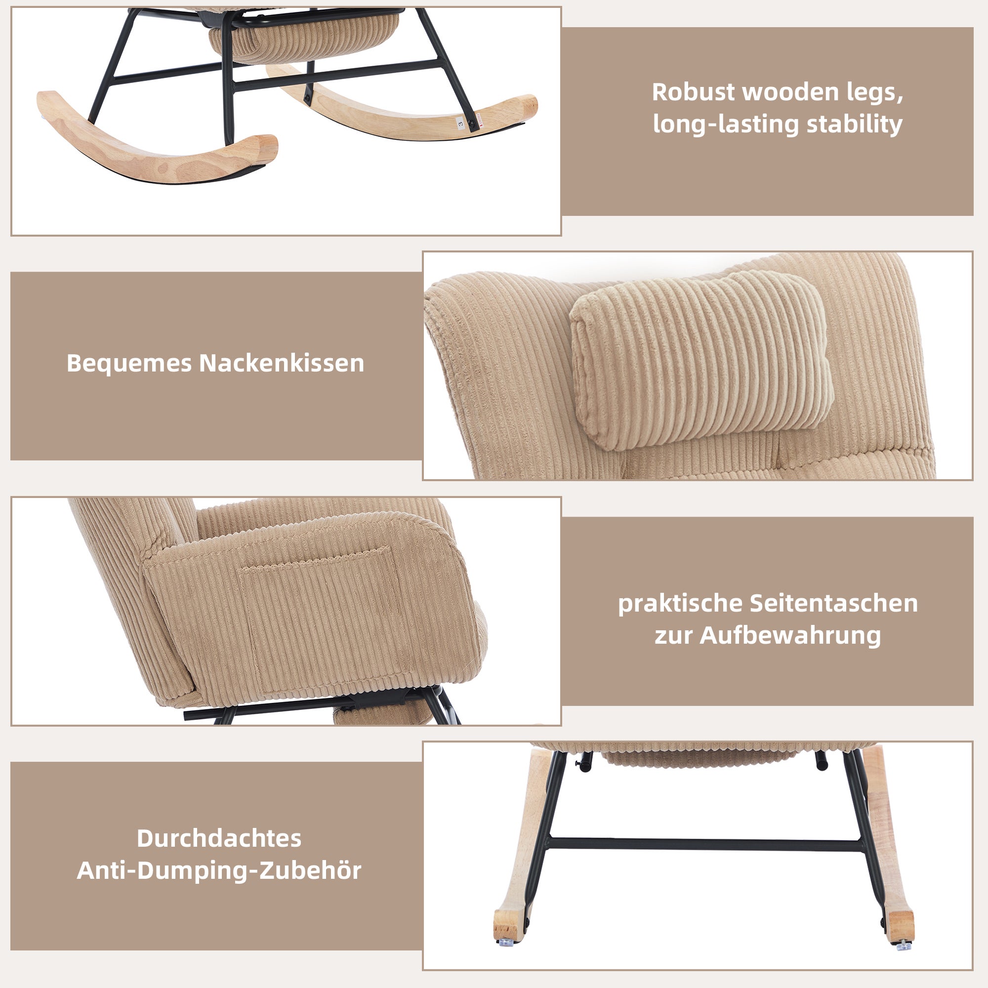 Fotel bujany z regulowanym podnóżkiem i podłokietnikami - 102 x 65 x 92 cm - Sztruks - Brązowy - 7