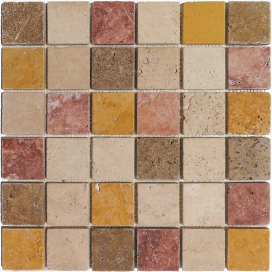 Mosaïque sol/mur en travertin mélange de 4 nuances - 4,8 x 4,8 x 1 cm - Vendu par filet de 30,5 x 30,5 cm - C-NEGOCE