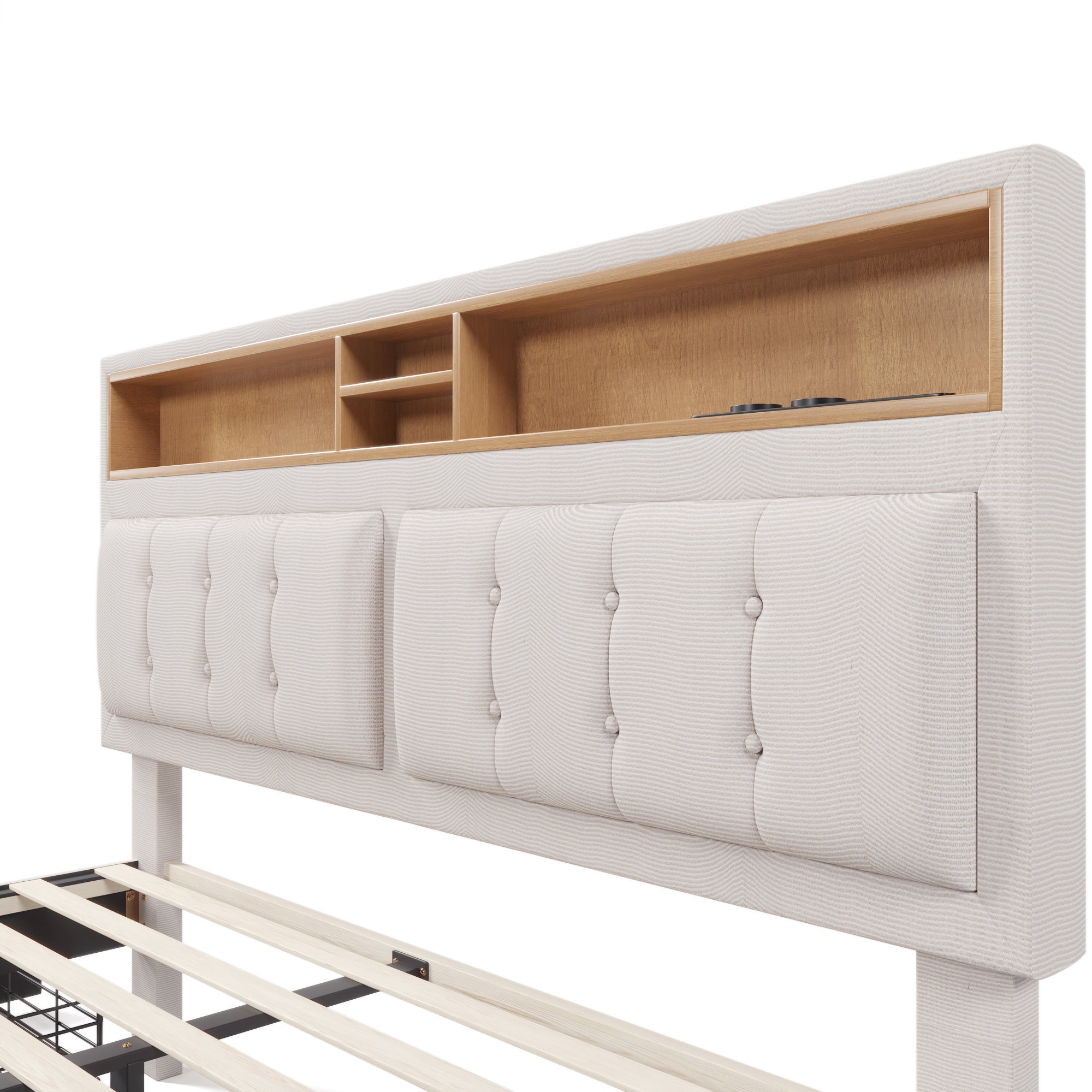 Tapicerowane łóżko dla dorosłych z 4 szufladami i portem ładowania USB - 140x200 cm - Tkanina lniana - Beż - 5