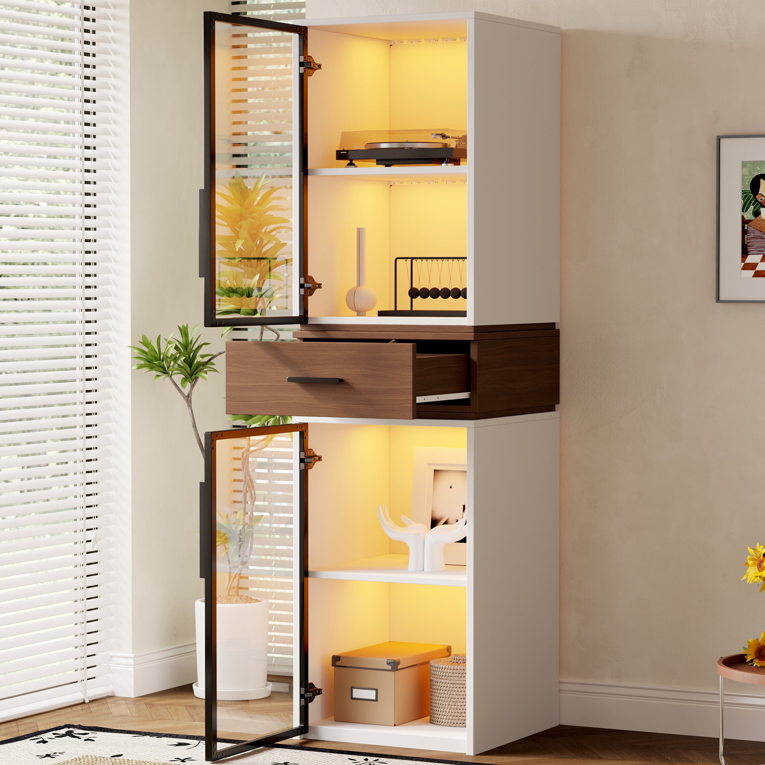 Vitrina de cristal blanca 40×40×200 cm con luz led, 2 puertas de cristal y 1 cajón, versátil para salón, despacho y comedor.