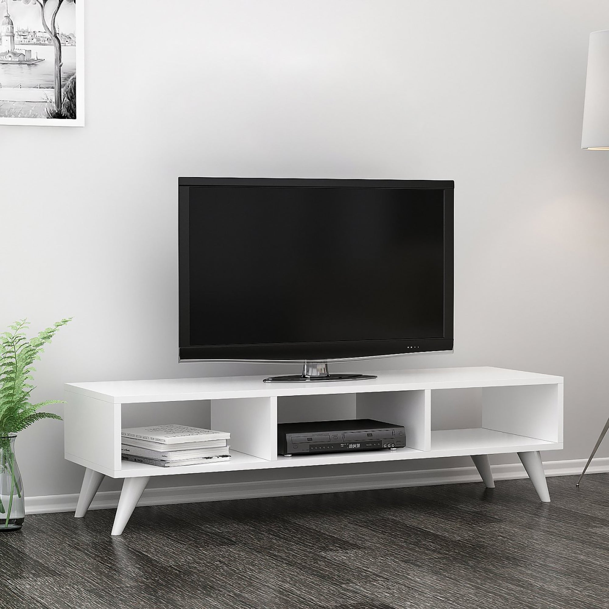 Meuble TV Aaskov 3 Compartiments De Stockage 35 X 120 X 35 Cm Blanc Meuble tv aaskov 3 compartiments de stockage 35 x 120 x 35 cm blanc