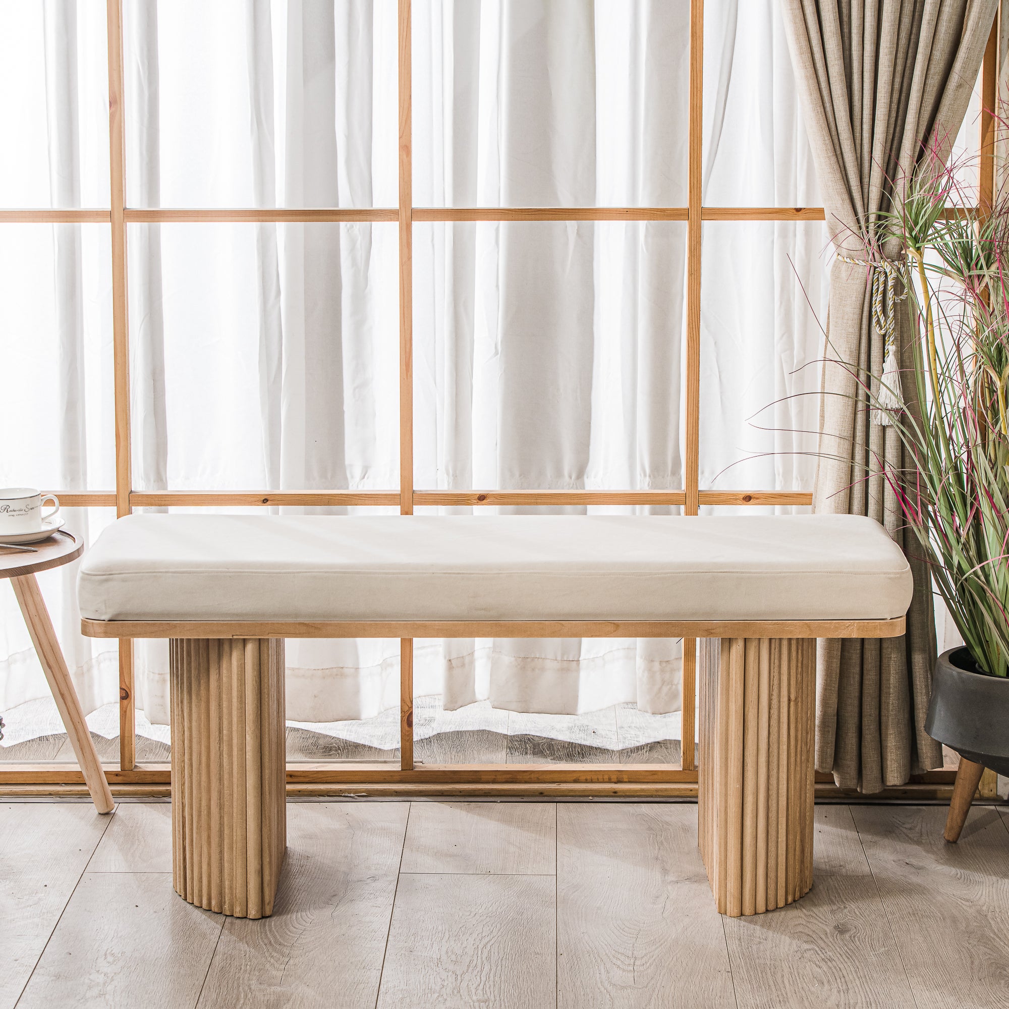 Nordlys - Banc Entrée Chambre Scandinave Bois Velours Beige - 3