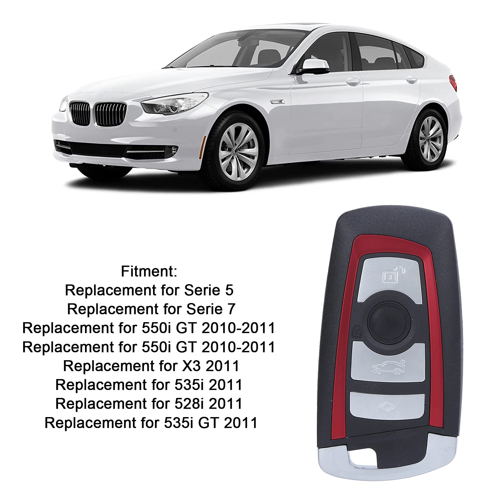 Guscio portachiavi con chiave piccola argentata rosso nero di ricambio per 550i GT 2010-2011 (4 chiavi) - 9