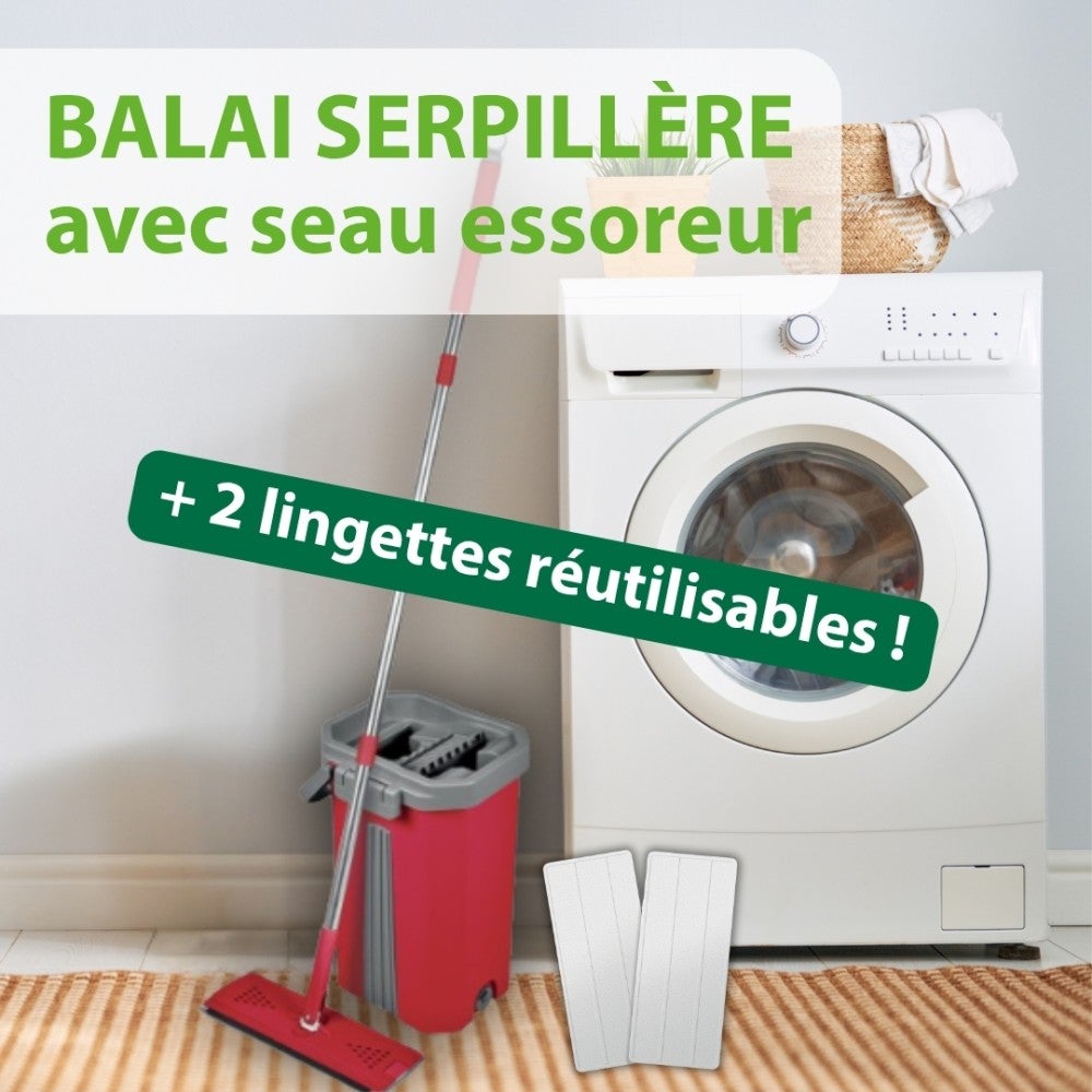 Balai serpillère raclette intégrée & seau essoreur Smart Mop Compact 360° - 2 lingettes incluses - 3