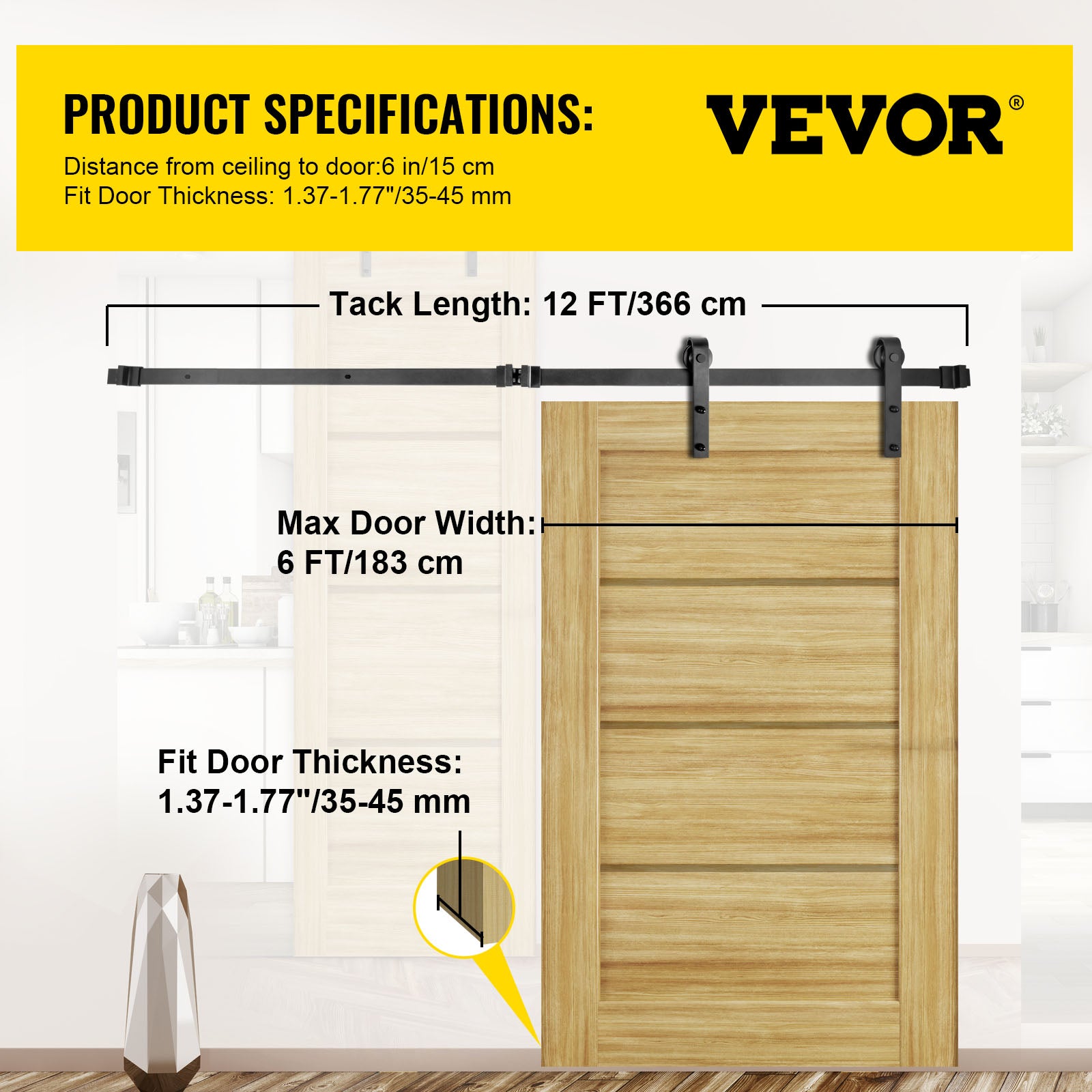 Kit ferramenta per porta doppia VEVOR da 366 cm, ferramenta per porta sospesa da 150 kg, binario per porta scorrevole in acciaio al carbonio, 4 ganci - 7