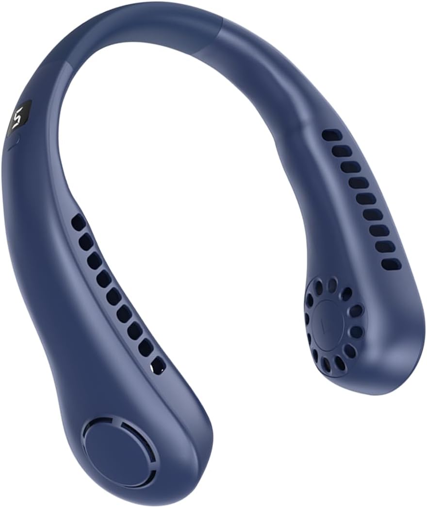 Niebieski, bezłopatkowy, przenośny wentylator na szyję, 5 prędkości, cyfrowy wyświetlacz, duża pojemność 3000 mAh, mały, przenośny wentylator