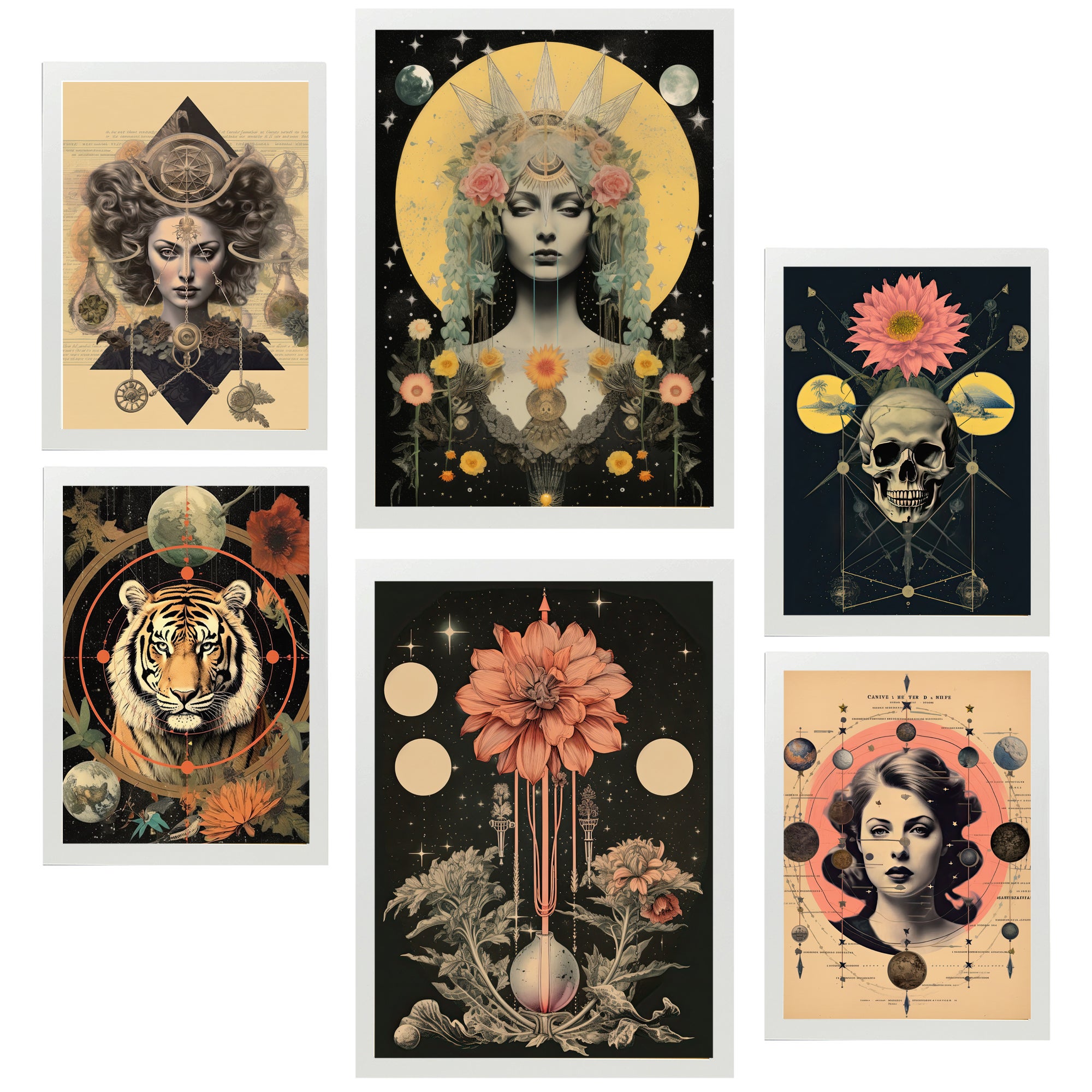 Nacnic set de 6 pósters collage ilustración surrealista estilo esoterico mistico marco blanco