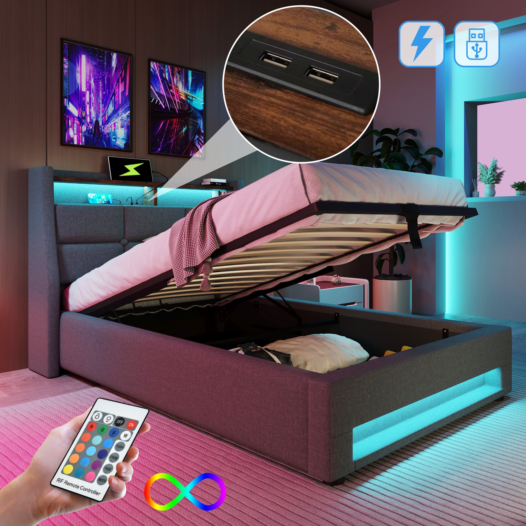 Łóżko z pojemnikiem 90 x 200 cm i zagłówkiem - port USB i diody LED - tkanina lniana - szare