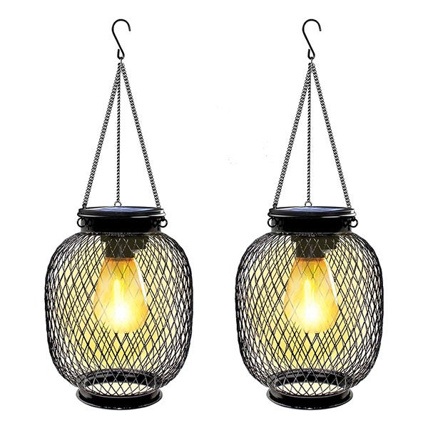 Zewnętrzne lampy solarne wiszące, zestaw 2 lamp solarnych z żarówkami LED w kolorze ciepłej bieli, owalne lampy ogrodowe