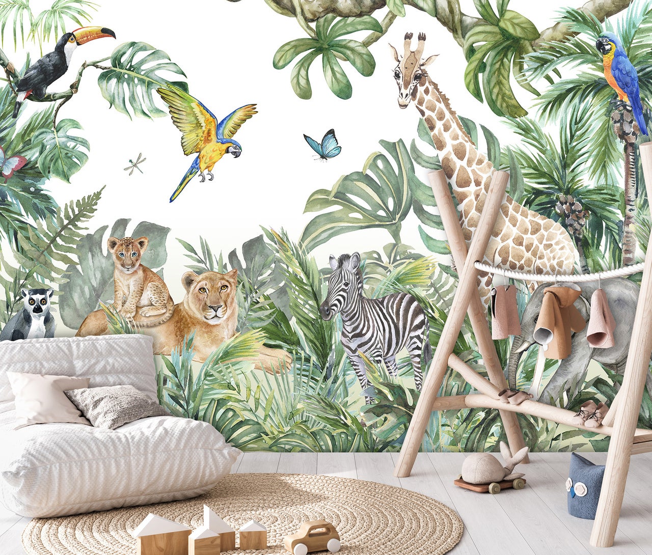 Papier Peint Enfant Jungle Animaux Foret Intissé Panoramique 350x250 cm - Colle Inclus - Chambre Enfant - Moderne Trompe l'oeil - 3
