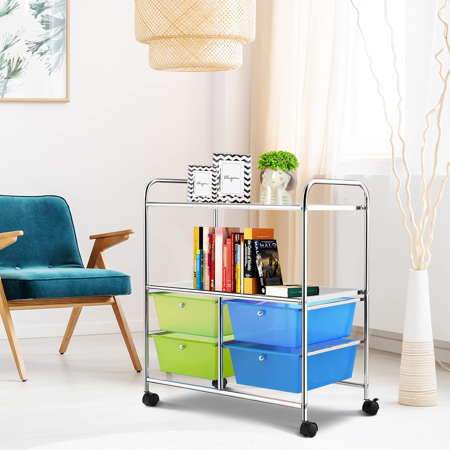 Carrello Portaoggetti con Ruote, 4 Cassetti, Carrellino Organizzatore Salvaspazio, per Uffici, Parrucchieri, 63,5 x 37 x 75 cm (Verde) - 2