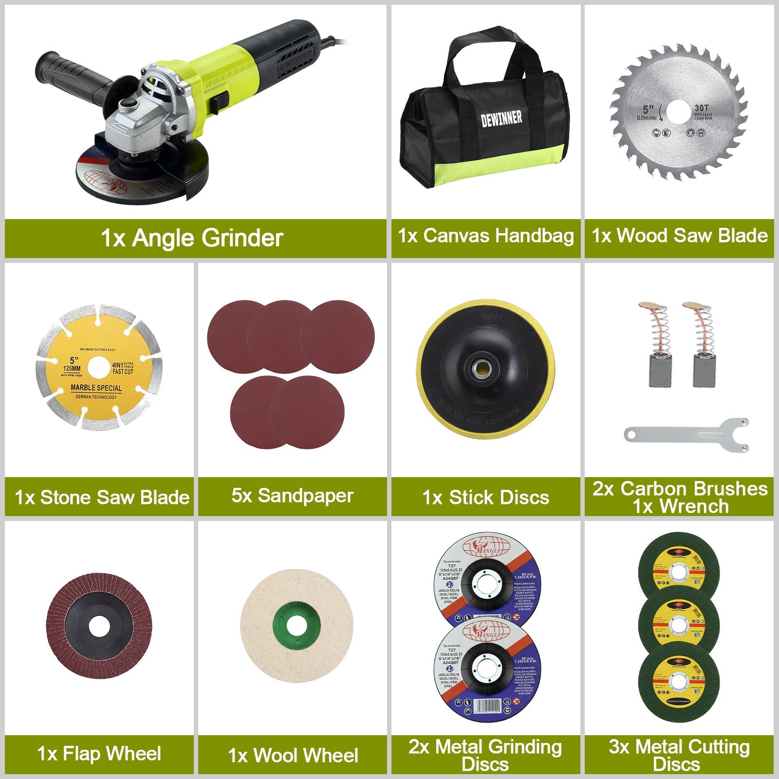 DEWINNER Meuleuse D'angle 125mm 1000W 2000-12000 trs/min Avec 20 Accessoires, Meuleuses D'angle Avec Sac à Main en Toile, Disqueuse 125 mm - 7