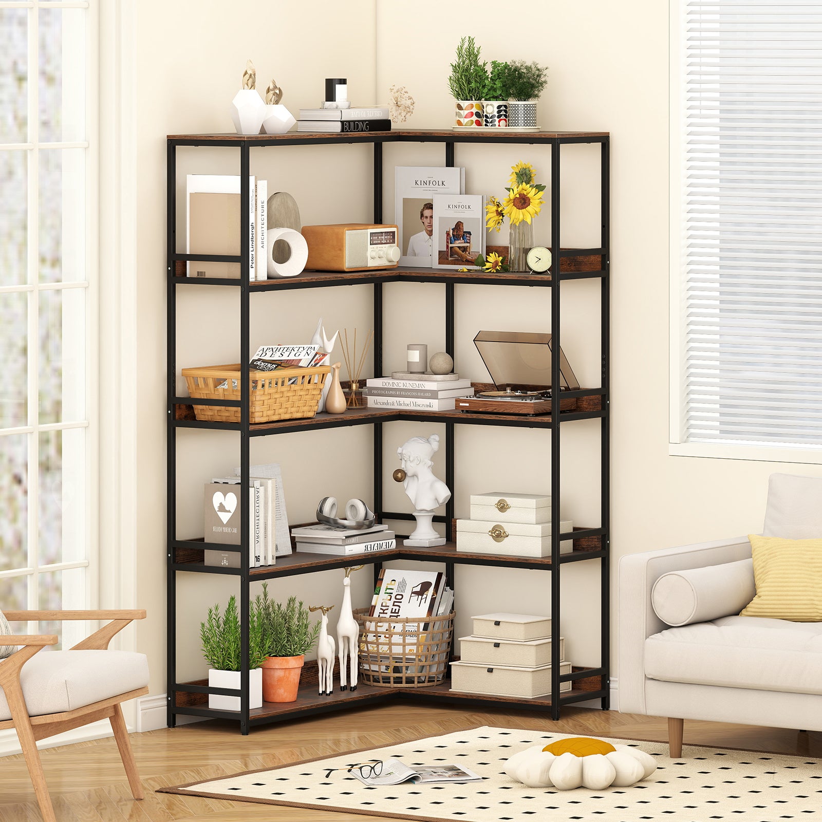 5-poziomowa biblioteczka narożna w kształcie litery L, półka 110 x 89 x 180 cm z metalową ramą, styl industrialny, do salonu, biura, brązowa - 7