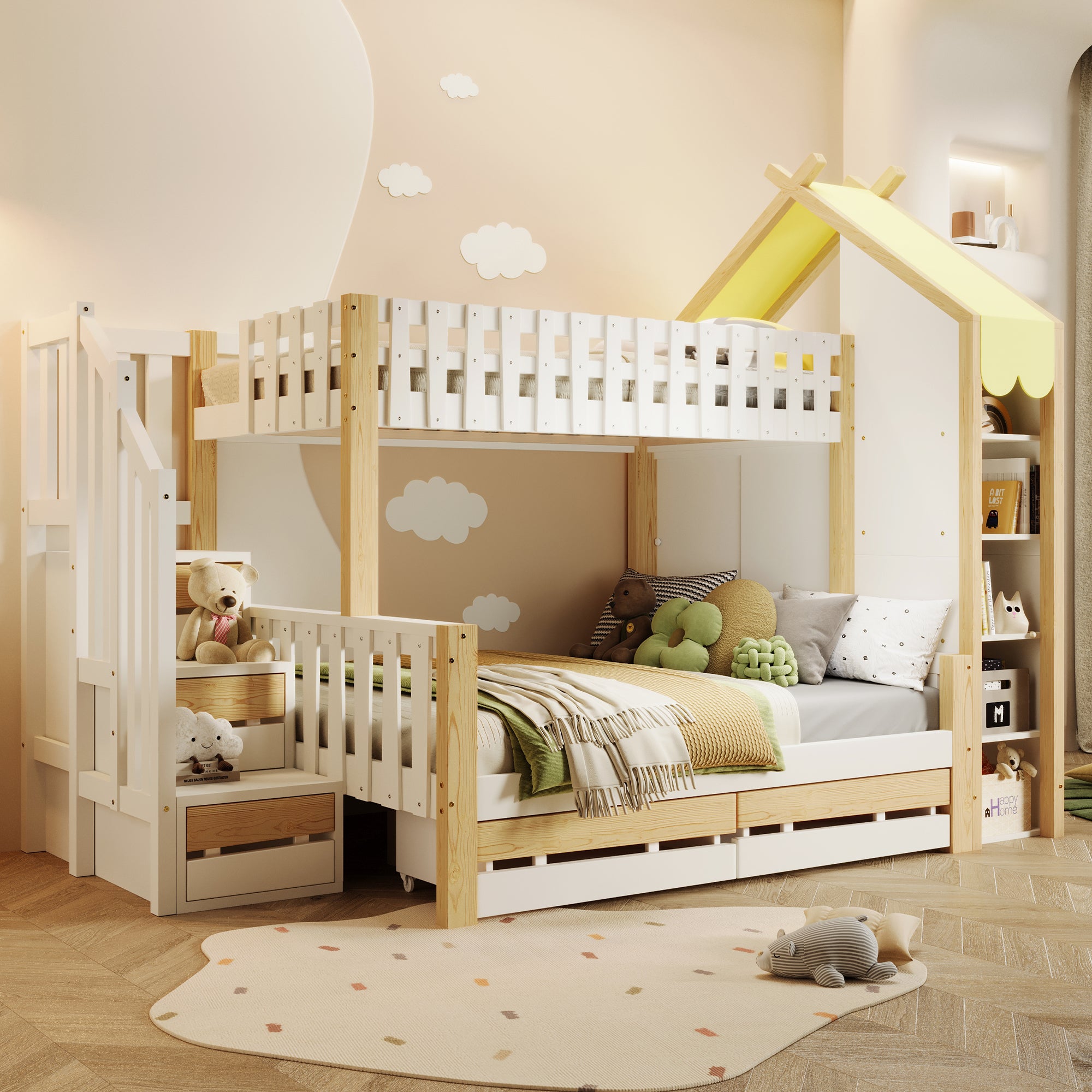 Lit superposé, 90 x 200 cm + 140 x 200 cm, échelle de rangement, barrière de sécurité, 2 tiroirs, barrière irrégulière - 2